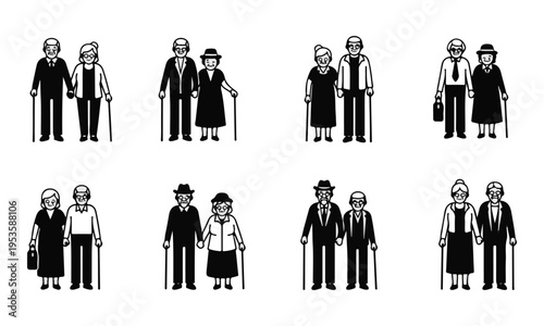 Minimalist Black and White Vector Icons Set of Elderly Couples