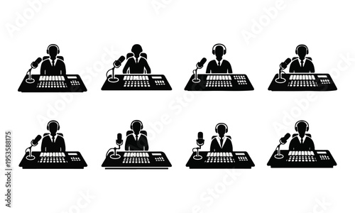 Collection of Radio Host and DJ Vector Icons with Mixer, Microphone, and Headphones
