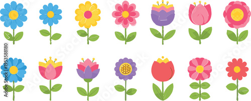Cute Colorful Cartoon Flower Icons Set with Various Floral Shapes Garden Plants and Spring Blossom Elements Isolated on White Background