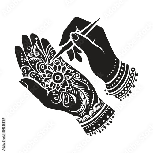 Intricate henna art being applied to a hand with a fine brush isolated on white background, Vector, illustration