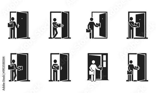 Set of Black Vector Icons: Person at Door, Delivery, Arrival, Welcome, and Entry Symbols