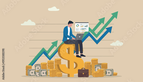 Revenue growth or investment profit increase earning wealth accumulate, growing income in financial analysis concept, businessman working computer too laptop dollar sign money with rising graph