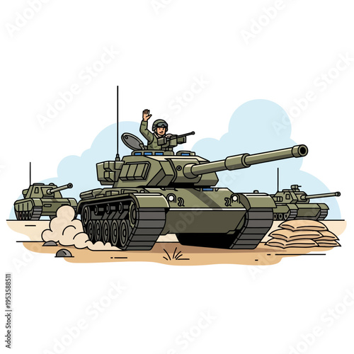Cartoon military tanks with soldier on battlefield, moving forward.