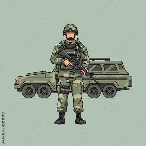 Military soldier standing guard with rifle beside an armored vehicle