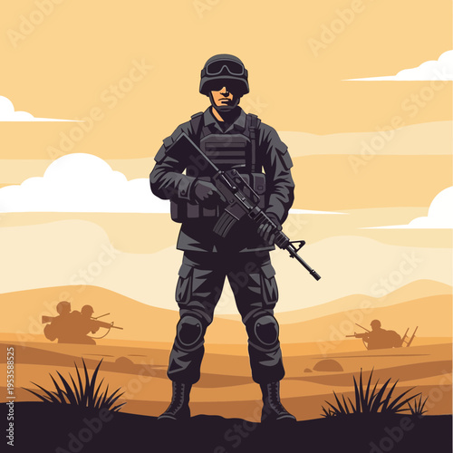 A stoic soldier in tactical gear stands guard with a rifle in a desolate desert landscape, symbolizing vigilance and readiness.