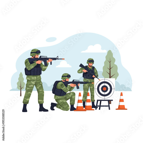 Military soldiers in uniform training with rifles and aiming at a target on an outdoor shooting range