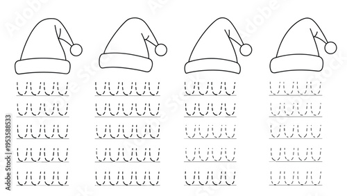 Preschool tracing worksheet for writing practice featuring four cute Santa hats and rows of dotted lines for letter development.