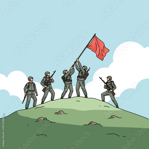 Soldiers raising a flag atop a grassy hill, signifying a hard-won victory and triumph.