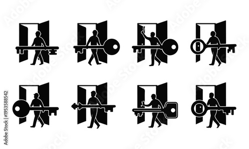 Set of 8 Vector Icons: Person with Key and Open Door, Opportunity Concept