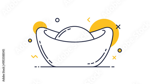 Line art illustration of a traditional Chinese gold sycee yuanbao symbol with geometric decorations for lunar new year celebrations.
