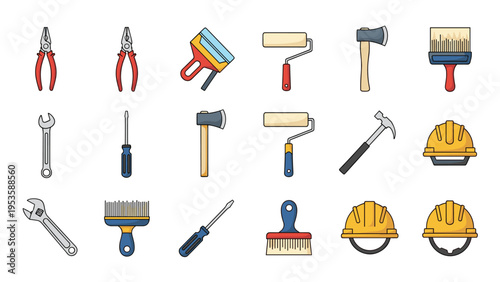 Comprehensive collection of hand tool icons including hammers, pliers, brushes, and safety helmets for construction and diy projects.