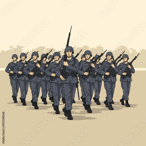 Soldiers in Gray Uniforms Marching in Formation with Rifles