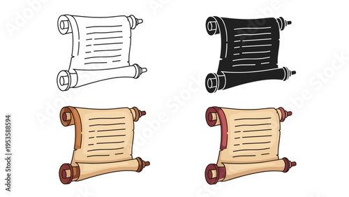 Ancient paper scrolls depicted in four different styles including outline, solid black, and vintage parchment color tones.