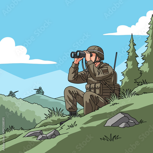 Soldier using binoculars for observation on a grassy hillside with distant troops in view