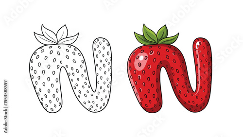 Letter W stylized as a juicy red strawberry with seeds and green leaves for an alphabet learning and coloring activity.