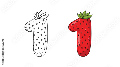 Stylized number one illustration designed like a strawberry with seeds and green leaves in both outline and colored versions.