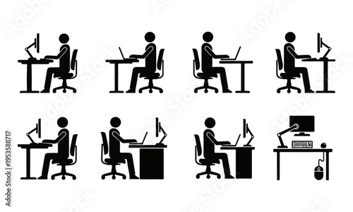 Office worker vector icon set. People at computer desks and workplace pictogram collection isolated.