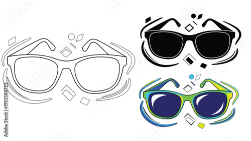 Set of stylish sunglasses shown in three distinct artistic styles including a basic outline, solid black, and vibrant colors with patterns.
