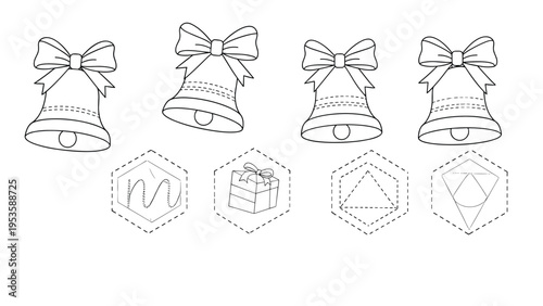 Educational matching worksheet for children featuring outline bells and hexagonal boxes with different icons to connect.