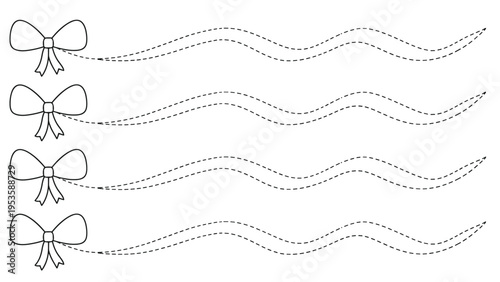 Educational tracing worksheet for children featuring bows and wavy dashed lines to help develop fine motor skills and handwriting.