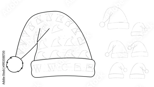 Christmas themed coloring and tracing worksheet featuring santa hats with different patterns to help kids practice drawing and coloring.