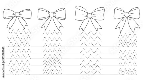 Handwriting and fine motor skill practice worksheet for children featuring outline bows and vertical zigzag lines to trace.