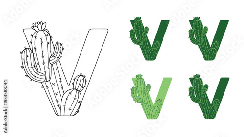 Letter v shaped like a prickly cactus with a blooming flower presented in an outline and several shades of green.