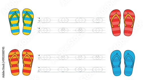 Educational worksheet for kids featuring colorful pairs of flip flops and a section for tracing overlapping circular patterns.