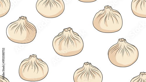 Seamless pattern of traditional georgian khinkali dumplings hand drawn in a simple and appetizing style on a white background.