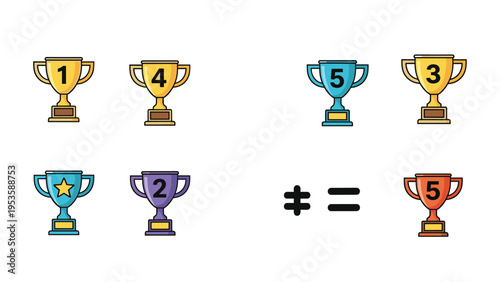 Math comparison worksheet for kids featuring colorful trophies with numbers to illustrate the concept of inequality and values.
