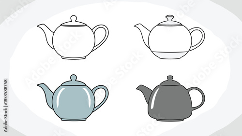 Collection of teapot illustrations shown in four distinct artistic styles ranging from a simple outline to fully colored and shaded versions.