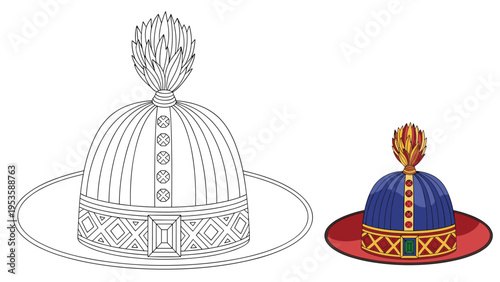 Traditional chinese official hat with feathers and ornate details presented in both black and white outline and full color versions.
