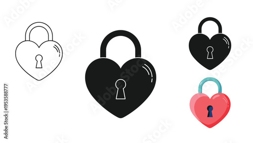 Set of heart shaped padlock icons presented in various graphical styles including outline, solid black, and a colorful pink version.
