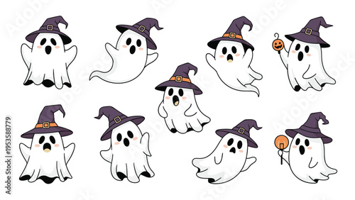 Collection of adorable cartoon ghosts wearing purple witch hats and posing in different spooky and fun ways for halloween.