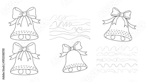 Tracing worksheet for preschool children featuring outline bells and various wavy and zigzag lines for motor skill practice.