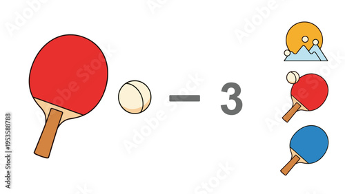 Educational math puzzle featuring a table tennis paddle and ball with a subtraction problem and multiple choice icon answers.