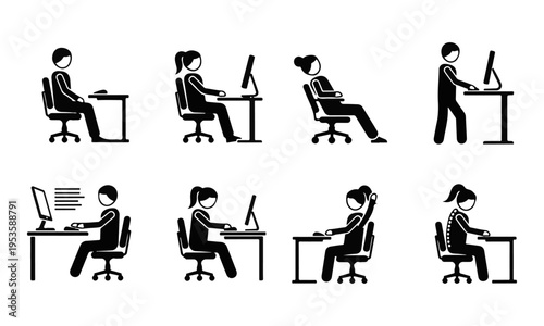 Set of vector icons depicting various ergonomic and non-ergonomic office work postures at a computer desk