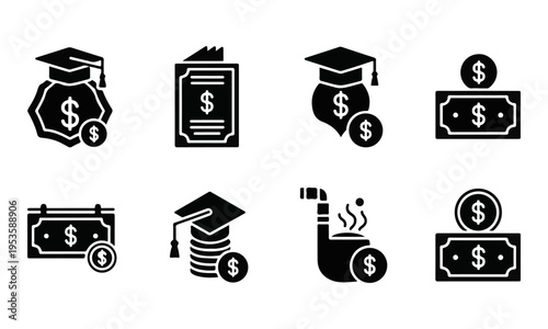 Black Glyph Vector Icons Set for Education Finance, Savings, and Retirement Funds