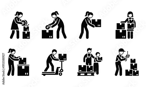 Set of Black Stick Figures Packing and Shipping Logistics Icons