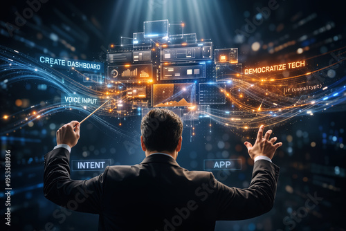 Conductor orchestrating modular enterprise user interface with crystalline AI dashboard assembling from code snippets and natural language prompts for democratize tech intent app
