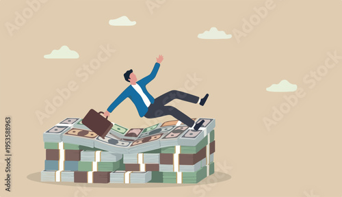 Insurance, reserve money or emergency fund on business failure, mistake accident, compensation money support cushion concept, fail businessman falling huge big desk money banknotes safety cushion