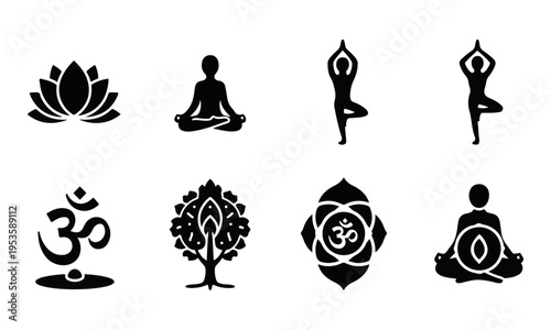 Black Vector Yoga and Meditation Icons Set. Spiritual Poses and Symbols Collection.