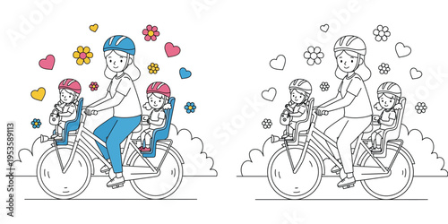 Happy Mother Cycling with Two Children - Family Bike Ride