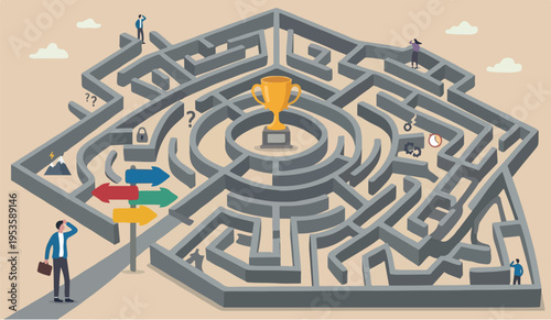 Path win trophy, solve problem or business decision concept, contemplation businessman finding the way in labyrinth to reach target.