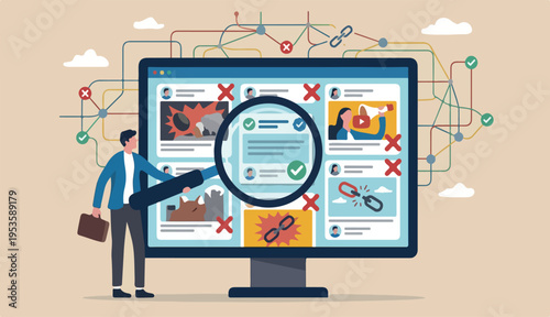 Fake news or false information spreading website social to media, screening verify truth to before sharing believe concept, man magnifying glass verify fake news website computer.