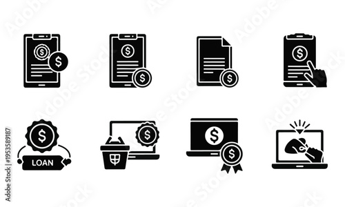 Set of black glyph icons for loans, online payments, and digital finance. Vector illustration.