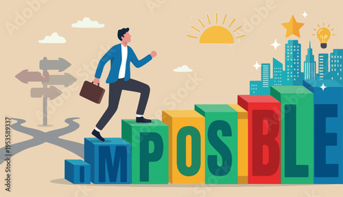 Make impossible success possible, optimistic or creativity help achieve business goal, challenge to solve hard problem concept, confidence businessman step up the word IM to achieve possible