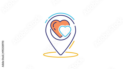Colorful map pin location marker containing two hearts used to indicate a romantic spot favorite place or honeymoon destination on a map.