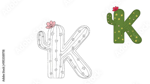 Alphabet letter K designed as a green cactus plant with small pink flowers and thorns presented in both a tracing outline and a colored version.