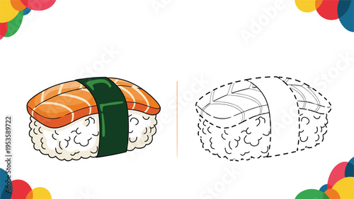 Sushi drawing lesson for kids with a piece of salmon nigiri shown in a colored illustration and a dotted outline for tracing.